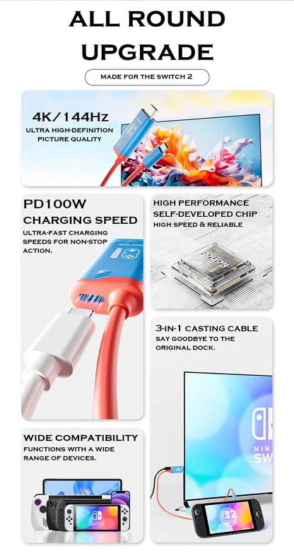 Switch Dock-Free 4K HDMI Type-C Cable with PD 100W Charging | Portable Console Display Cable