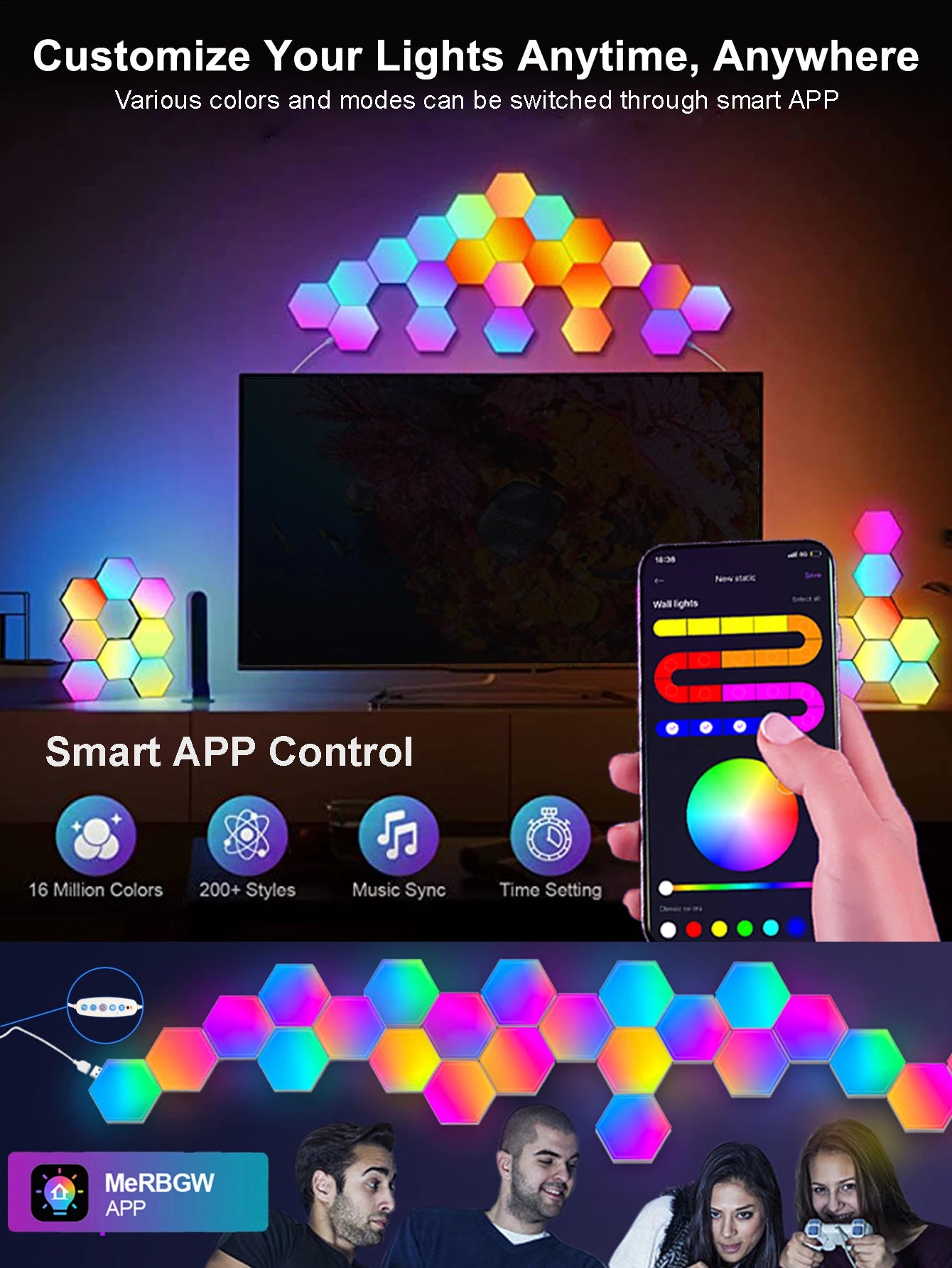RGB Hexagonal Smart Wall Lamp – Music Sync LED Panels with App Control