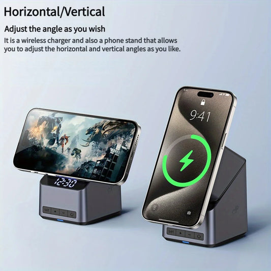 4-in-1 Magnetic Wireless Charging Station with Rotating Stand and Digital Clock