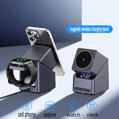 4-in-1 Magnetic Wireless Charging Station with Rotating Stand and Digital Clock