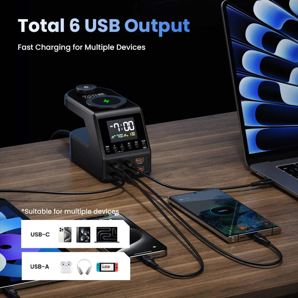 240W GaN Desktop Charging Station with Clock Display