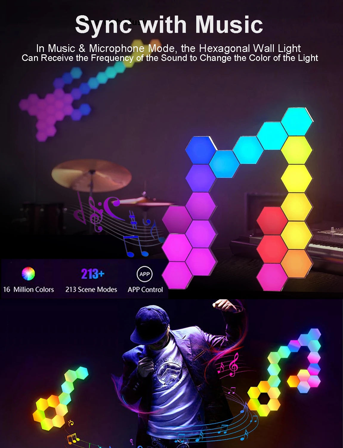 RGB Hexagonal Smart Wall Lamp – Music Sync LED Panels with App Control
