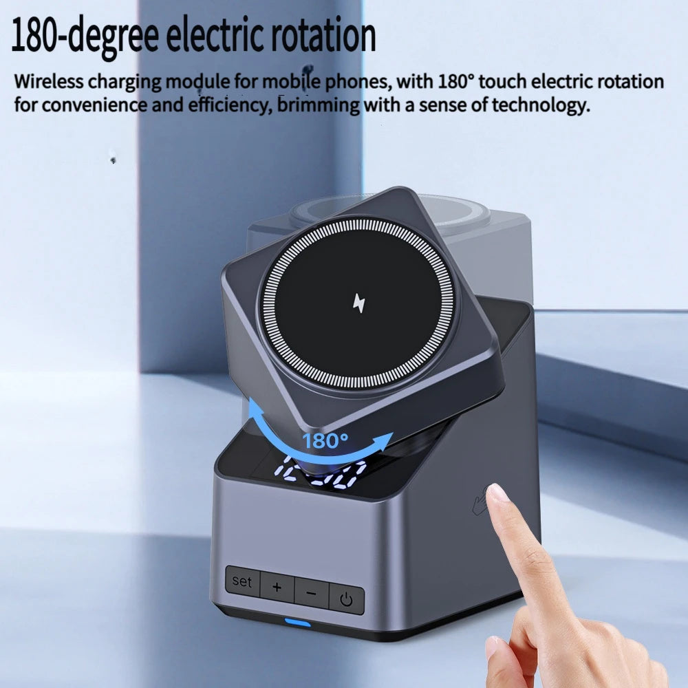 4-in-1 Magnetic Wireless Charging Station with Rotating Stand and Digital Clock