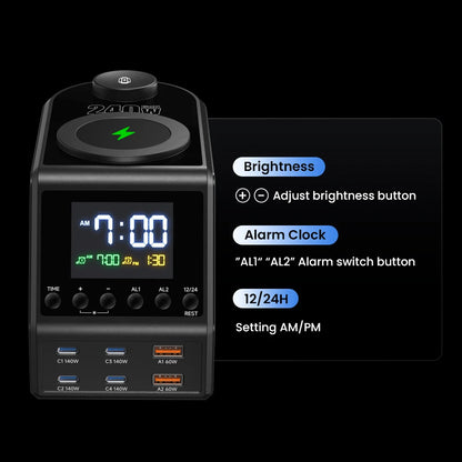 240W GaN Desktop Charging Station with Clock Display