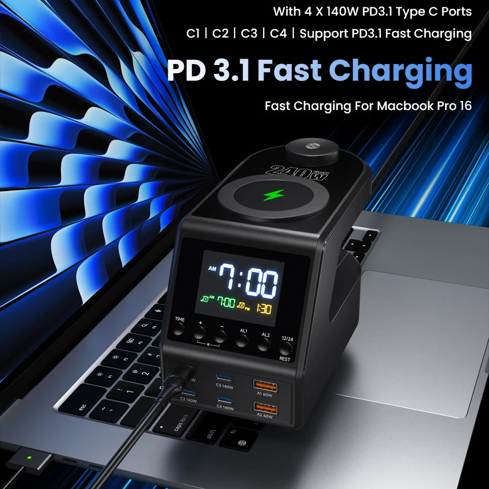 240W GaN Desktop Charging Station with Clock Display