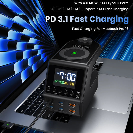 240W GaN Desktop Charging Station with Clock Display