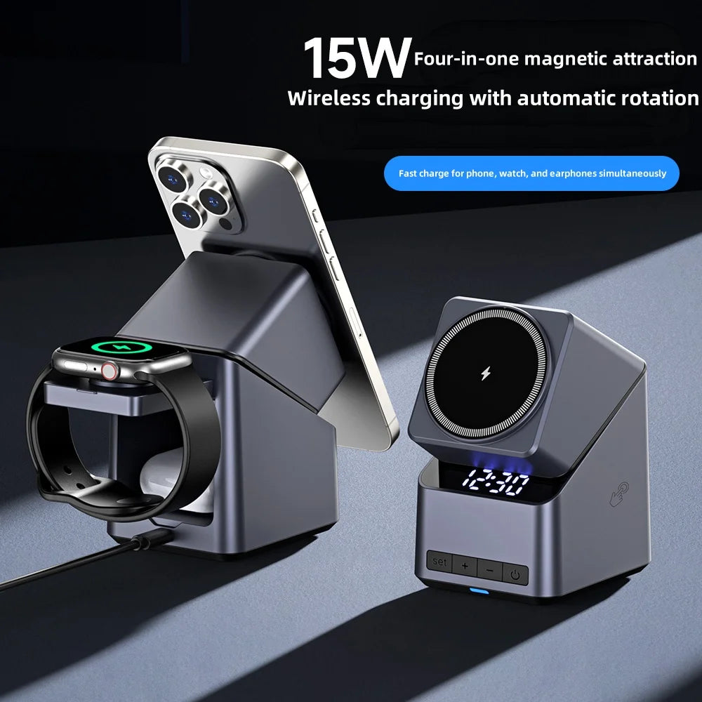 4-in-1 Magnetic Wireless Charging Station with Rotating Stand and Digital Clock