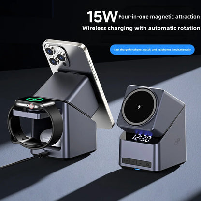 4-in-1 Magnetic Wireless Charging Station with Rotating Stand and Digital Clock